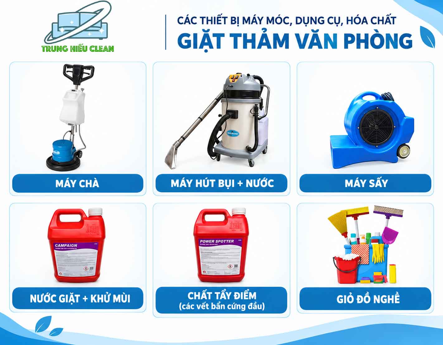 Dụng cụ giặt thảm văn phòng được Trung Hiếu Clean sử dụng